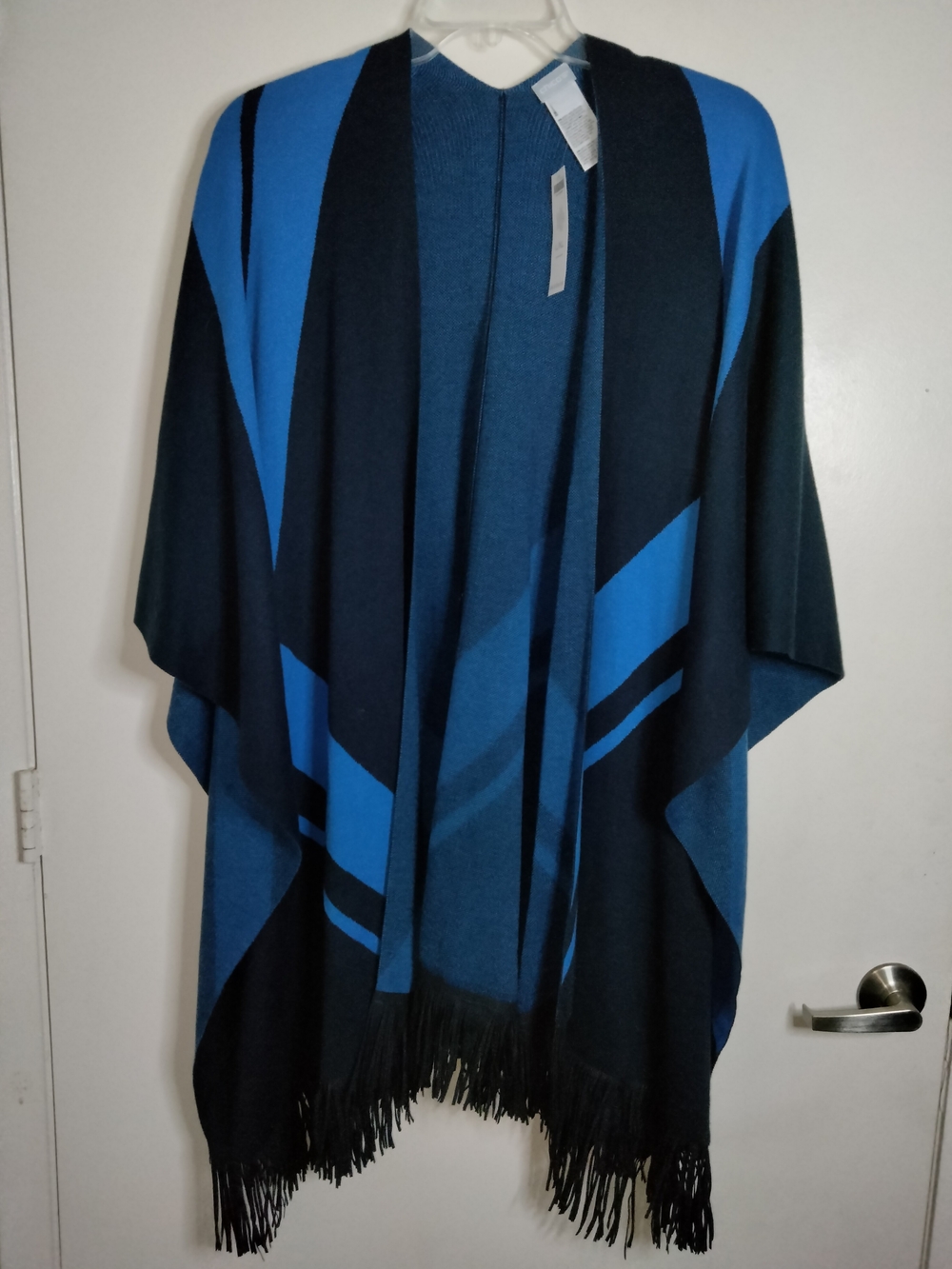 Chico's -L/XL- Blue Geometric Fringe Trim Poncho Cover Up Ruana Sweater NEW-NWT